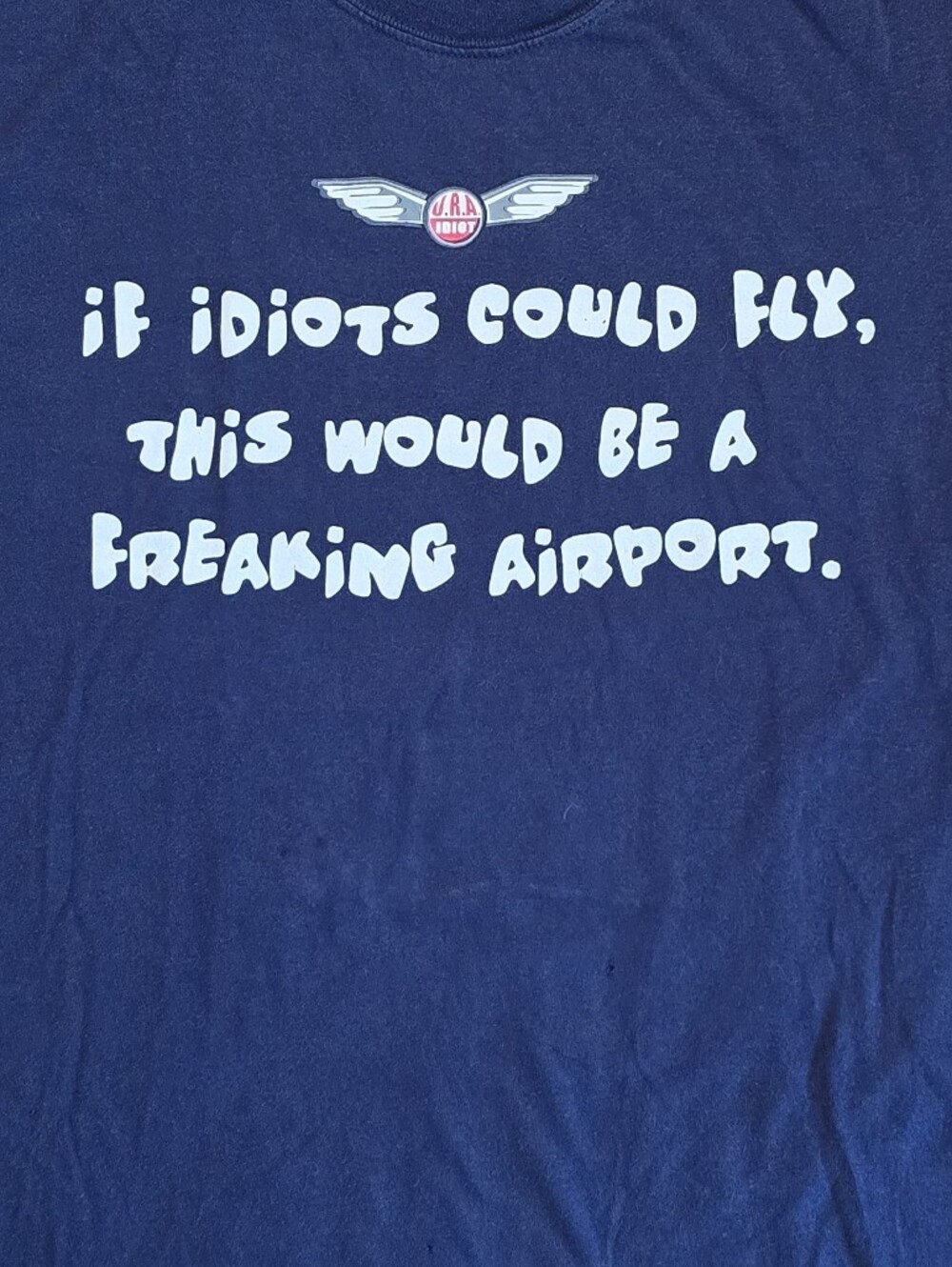 Gildan Y2K Navy Graphic Novelty Tee with White Airplane Slogan